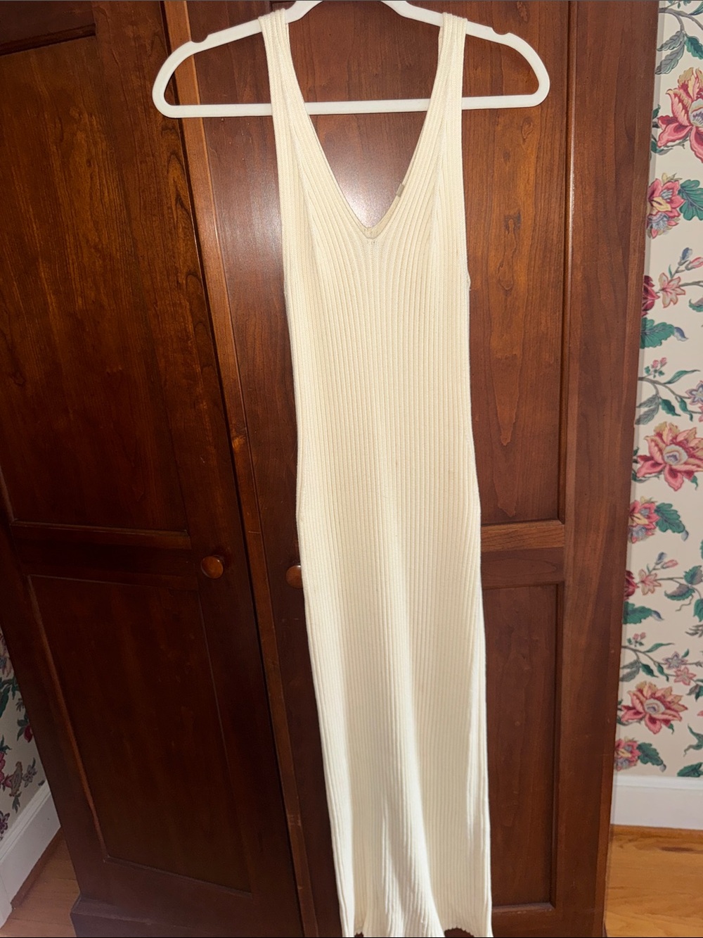 Buck Mason Sleeveless Ribbed Sweater Maxi Dress in Cream — Slim V-Neck Knit